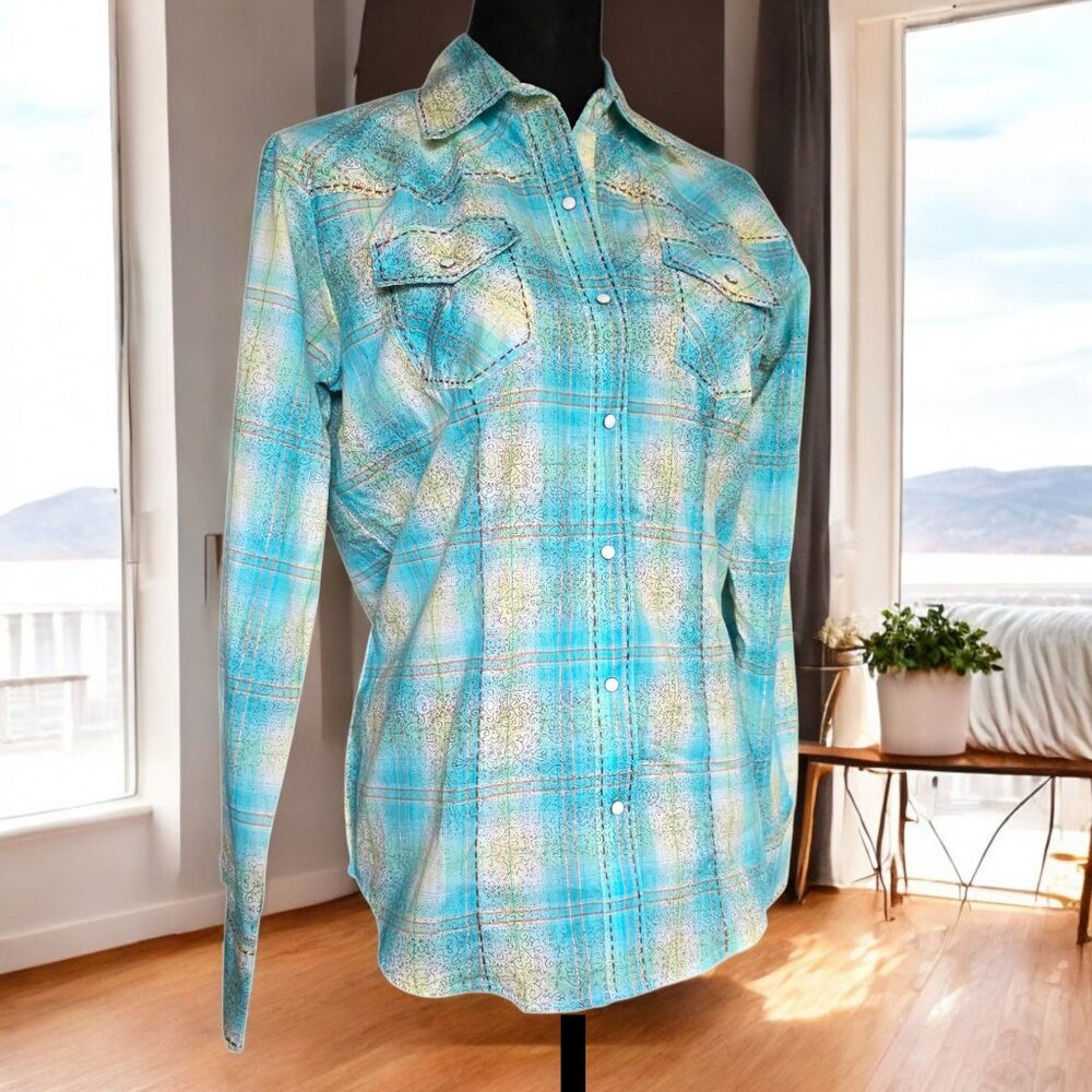 NWOT BACK IN THE SADDLE ( SM ) Blue/Gold Plaid Western Snap Long Sleeve Top